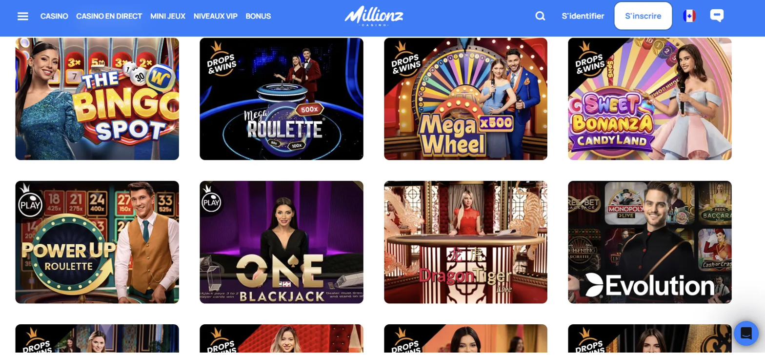 Jeux en direct sur Millionz Casino